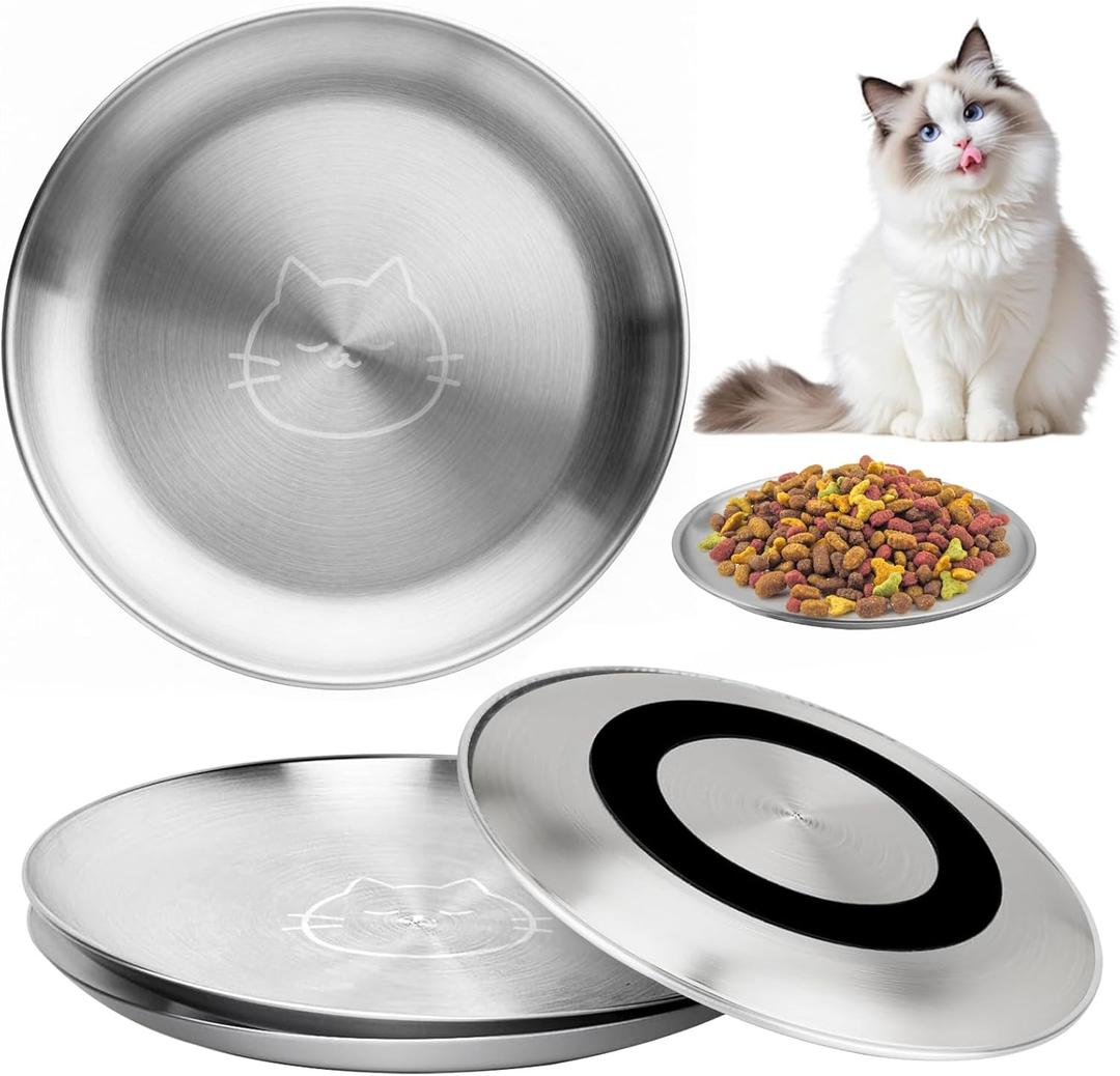 Stainless Steel Cat Bowls, 4 Pcs Shallow Cat Bowl Whisker Fatigue Dishes with Non-Slip Bottom, 6.7" Cats Food and Water Bowl Set for Wet & Dry Food(13OZ)