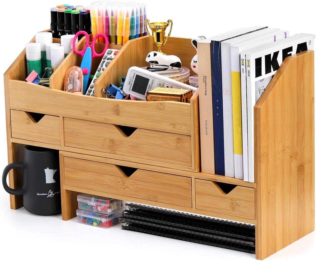 Lawei Bamboo Desk Organizer with Adjustable File Holder, Mini Desk Drawer Tabletop Organization Box with 4 Drawers for Makeup, Letter, Pens, Home Office Supplies, Vanity, 3 Layer, Fully Assembled