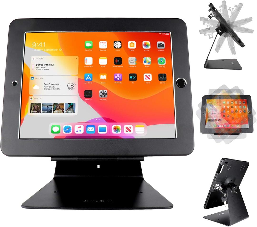 Desktop Anti-Theft Security Kiosk POS Stand Holder Enclosure for 10.2" 20212020 2019 iPad 7th 8th 9th Gen, Flip & 360 Swivel Design (Black)