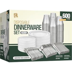 600pcs Silver Plastic Dinnerware Set 100 Guest, Silver Plastic plates for party, Party Plates Sets For 100 Guests, Includes Plates, Cups, And Cutlery. (100 Guest Set)