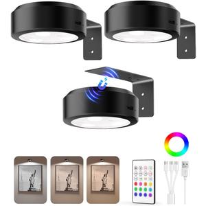 EZVALO Picture Lights for Wall, 2000mAh Rechargeable Battery Magnetic Poster Lights with 3 Color Temps & 12 RGB, Remote Dimmable Timer Painting Light, Wall Decor Light for Art Display, Frame (3 Pack) (Black)