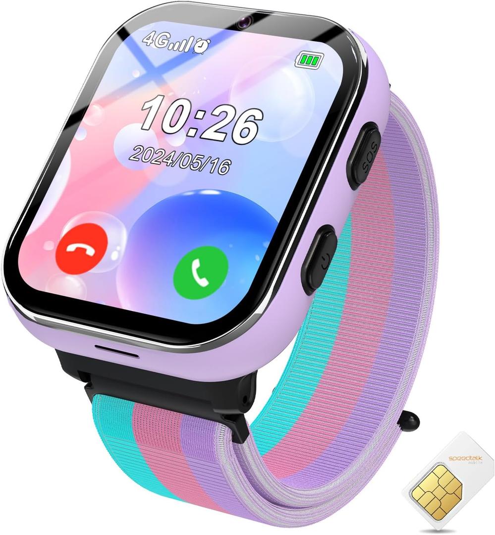 PTHTECHUS Smart Watch for Kids, 4G Smartwatch with Phone Call, SOS, Camera, Music Player, Learn Card, and Puzzle Games, Suitable for Boys and Girls Ages 4-12 Years Old Purple (Purple (No GPS))