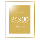 Homeforia 24x30 Picture Frame Gold, High End Metal 24 x 30 Poster Frames with 18 by 24 Mat Opening, 24x30 Gold Photo Frame Matted to 18x24 Print, 30x24 Large Frames, Tempered Glass, Wall Kit, Set of 1