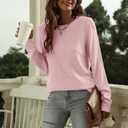 DUTUT Women's Long Sleeve Glitter Tops Crewneck Pullover Sweater Basic Casual Solid Color Tunic Tops Fall Soft Sweater (Pink, XL)