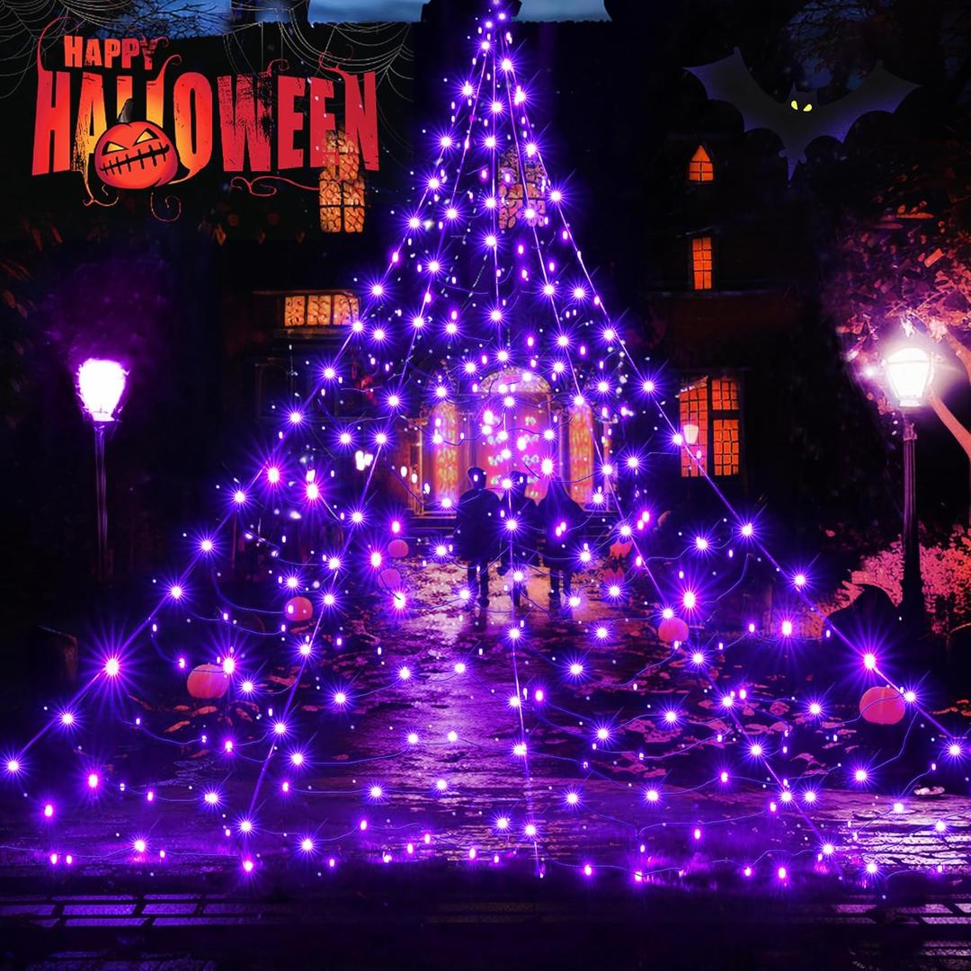 BlcTec Halloween Decorations Giant Spider Web Lights, 19.7ft x 14.7ft Lighted White Spider Web with 250 LEDs, Sturdy Wire Halloween Web Lights with 8 Modes, Waterproof for Yard, Porch Decor (Purple)