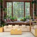 BSFHH Tapestry Nature Scenery Forest Green Tree Stone Rainforest River Jungle Wall Hanging Art Landscape Scene Through Wooden Windows Tapestry for Living Room Bedroom