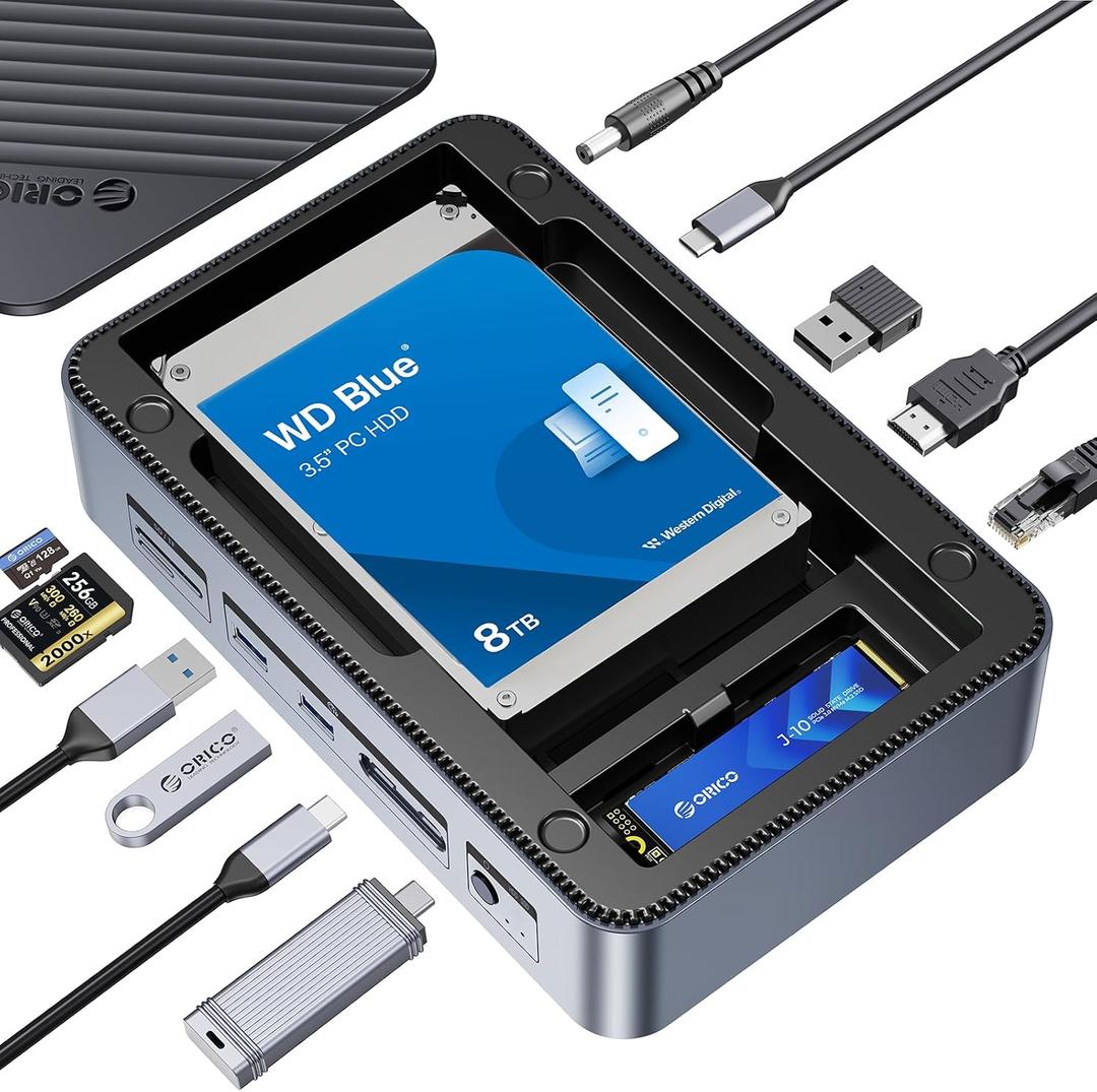 ORICO 12-in-1 USB C Hub with M.2 + SATA 2.5/3.5 SSD/HDD Enclosure, USB C to HDMI Adapter 4K@60Hz,10Gbps USB A/USB C Data Ports, USB C Docking Station for Windows/mac OS D35M2