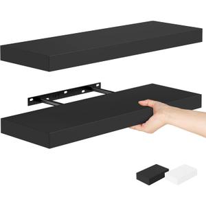 Bellsal 2-Pack Black Modern Floating Shelves, 24" Wall Mounted, Set of 2 Wooden Wall Shelf for Kitchen, Living Room, Bedroom, Bathroom Storage (2 pcs: 23.6*6.7)