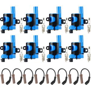 Round Ignition Coil Pack + Iridium Spark Plugs + Wire for Chevy Tahoe Avalanche Express & Silverado 1500 2500 3500 Suburban, for Cadillac Escalade, for GMC Savana, for Hummer H2, Replaces UF262 8 Sets