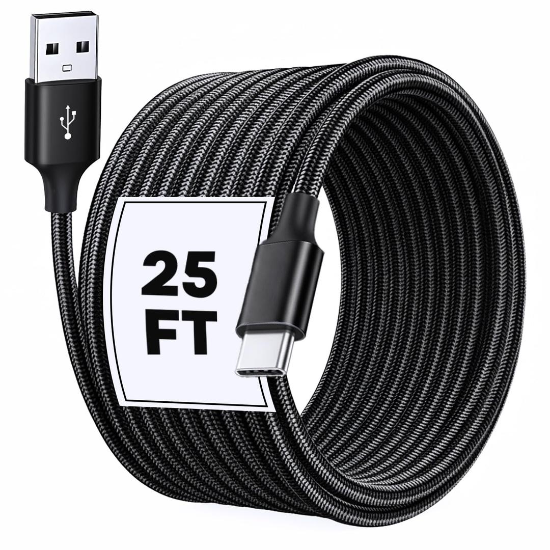 25 Ft USB A to USB C Cable, [Charge Only] 60W Nylon Braided USB A to Type C Charger Cord, Extra Long USb to USb C Cable for iPhone Series, iPad, Samsung Galaxy, Tablets, Laptops and Other USB-C Device