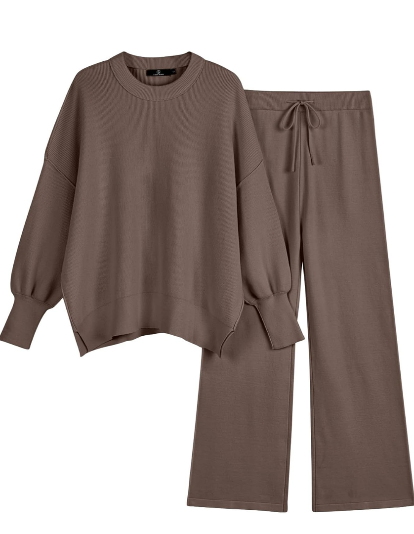 LILLUSORY Women 2 Piece Outfits Sweatsuit Oversized Knit Pullover Sweater Tops Wide Leg Pants Lounge Set Nutmeg M