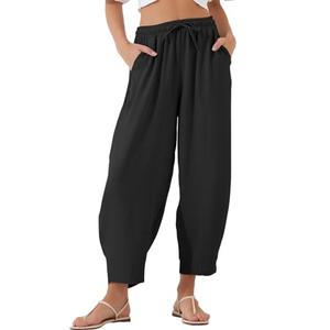EVALESS Women's Summer High Waisted Baggy Pants Casual Ankle Length Trouser Slacks with Pockets Black, 2XL