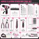 WORKPRO Pink Tool Set with Drill, 43PCS Power Drill Set with Toolbox, 8V Lithium-ion Cordless Drill and Bits, 2.0 Ah Portable Electric Screwdriver Home Tool Set with Stackable Box- Pink Ribbon