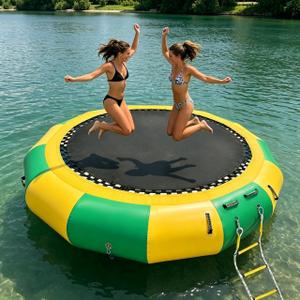10Ft Water Trampoline Swim Jump Platform, Inflatable Floating Trampoline with Rope Ladder, Inflatable Lake Bouncer for Water Sports