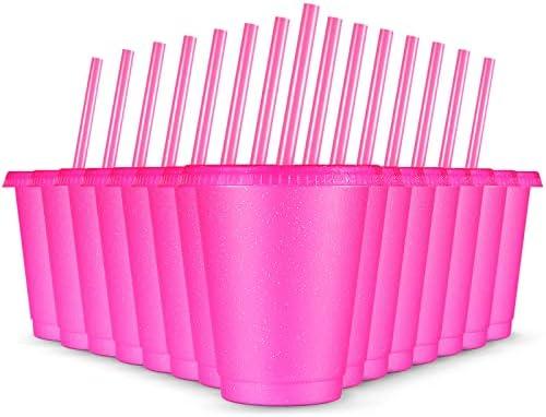 Rtteri 15 Pcs Reusable Cups with Straws and Lids 16 oz Glitter Tumblers Plastic Party Favor Cups with Lids Travel Mug Tumbler for Iced Beverage Water Parties(Rose Red)