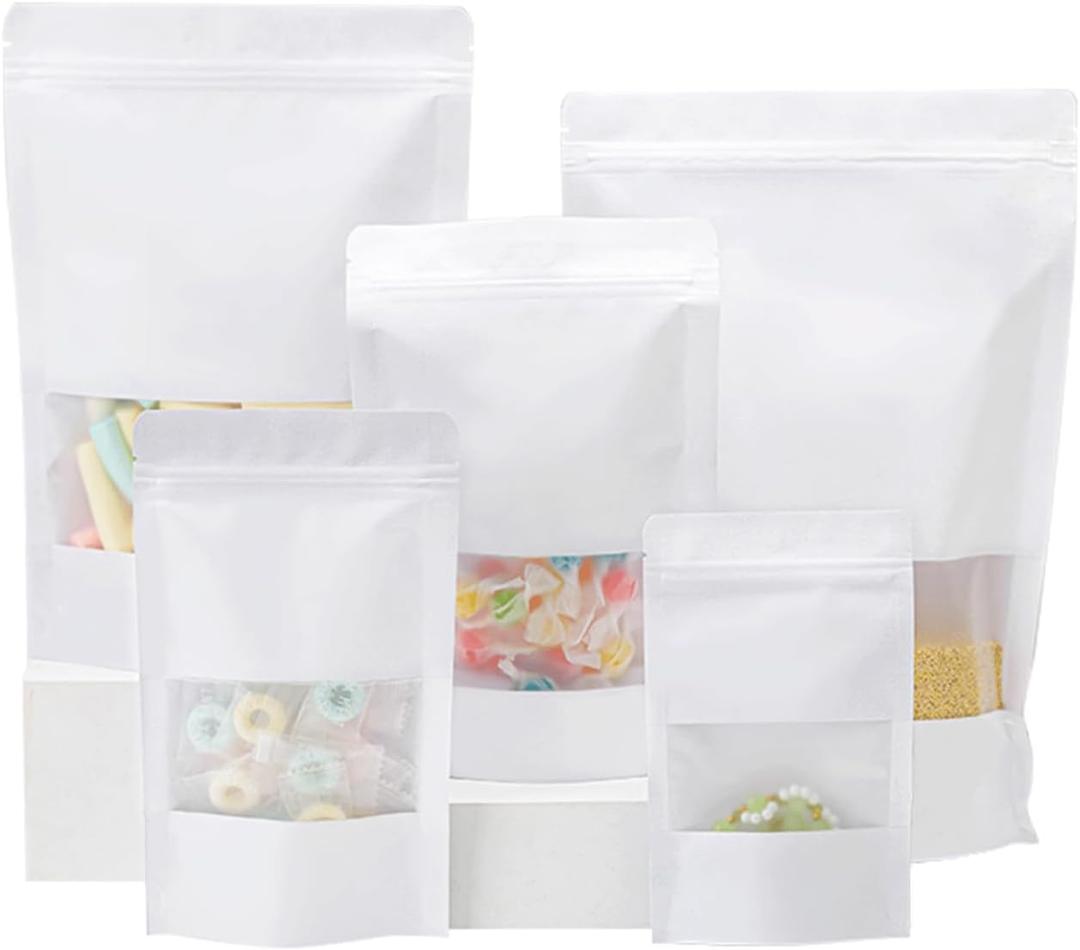 100 Pcs Resealable Stand Up Kraft Paper Bags, 4.7 x 7.9 Inch White Food Storage with Matte Window, Reusable Zip Lock & Heat Sealable for Packaging