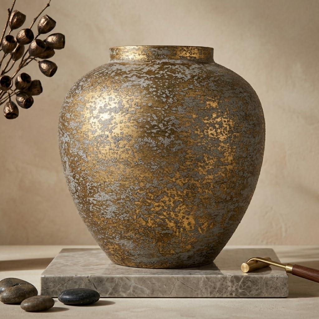 Flower Vase for Home Decor, 11.4" Large Decorative Metal Vase for Pampas Grass, Modern Rustic Textured Iron Vase Centerpiece for Modern Farmhouse Table Living Room Entryway, Gold Distressed