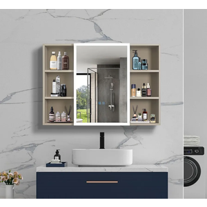 OKYSAI Defogging Mirror Cabinet, LED Mirror Door with Touch Switch, 35" L x 27.6" W, 6 Open Shelves, Multifunctional Storage Cabinet, Wall Mounted Aluminum Frame Lighting, Bathroom,Toilets(Khaki)