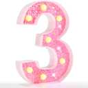 Pooqla Marquee Numbers Lights, light up Numbers Battery Powered, Glitter Lighted Numbers for Girls 3rd Birthday Party, Shiny LED Numbers for Christmas Wedding Home Bar Decoration, Pink Number 3, Warm White