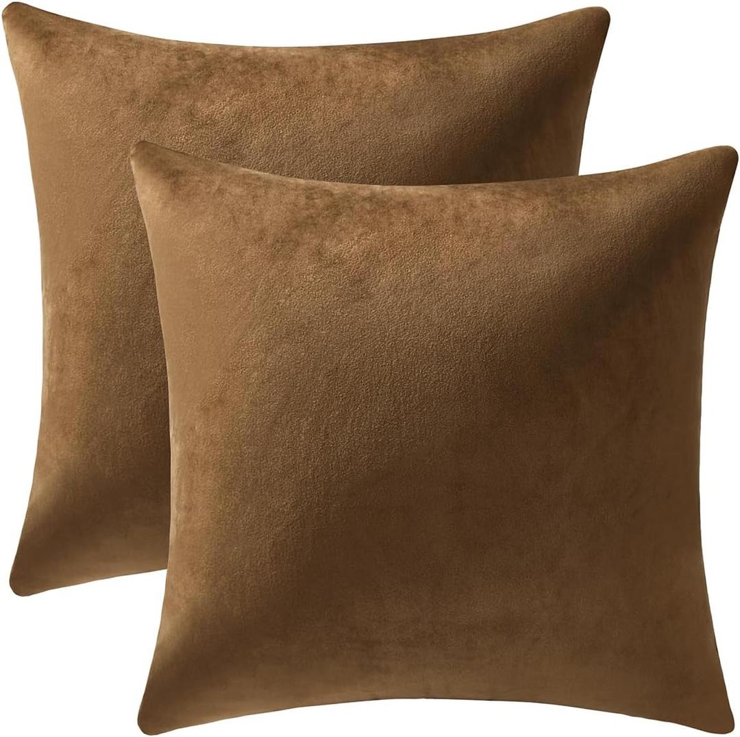 DEZENE Throw Pillow Cases 24x24 Golden Brown: 2 Pack Cozy Soft Velvet Square Decorative Pillow Covers for Farmhouse Home Decor