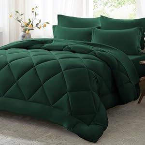 Anluoer King Comforter Set, Emerald Green Bed in a Bag 7 Piece, Lightweight Bedding Set with Soft Down Alternative Fill, Bed Set Includes Comforter, Fitted Sheet, Flat Sheet, Pillowcases and Shams