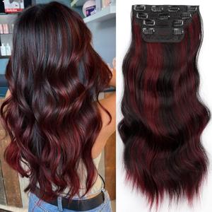 Vigorous Clip in Hair Extensions 4Pcs Black Burgundy mixed Synthetic Hair Extension 20 Inches Full Head Thick Long Wavy Synthetic Hairpieces for Women
