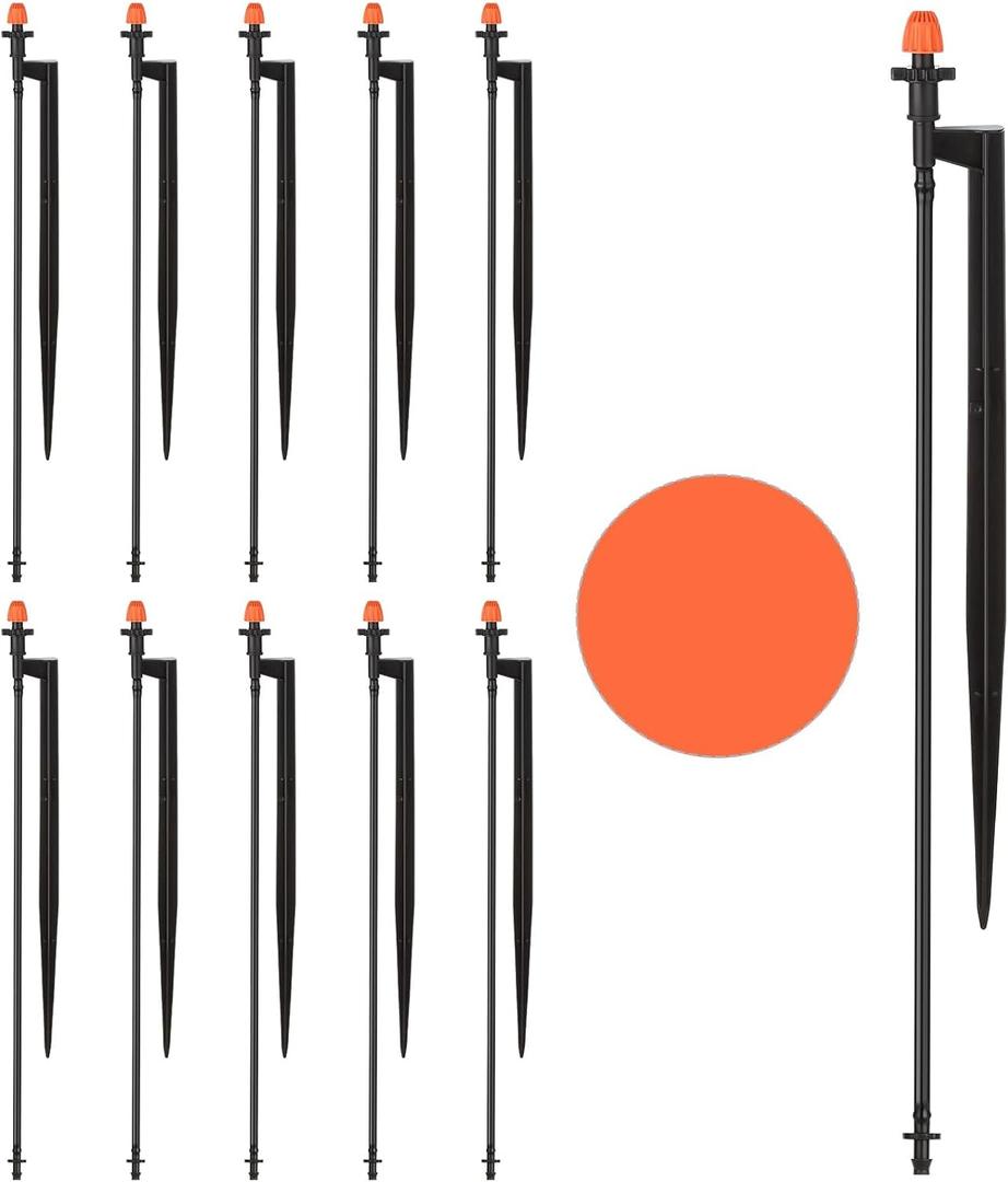 Drip Micro Sprinkler Heads with Stake: 360 Degree Sprinkler Nozzle with 1/4" Drip Irrigation Tubing - 10 Pack Drip Spray Emitters on 12 Inch Stake for Garden Water System