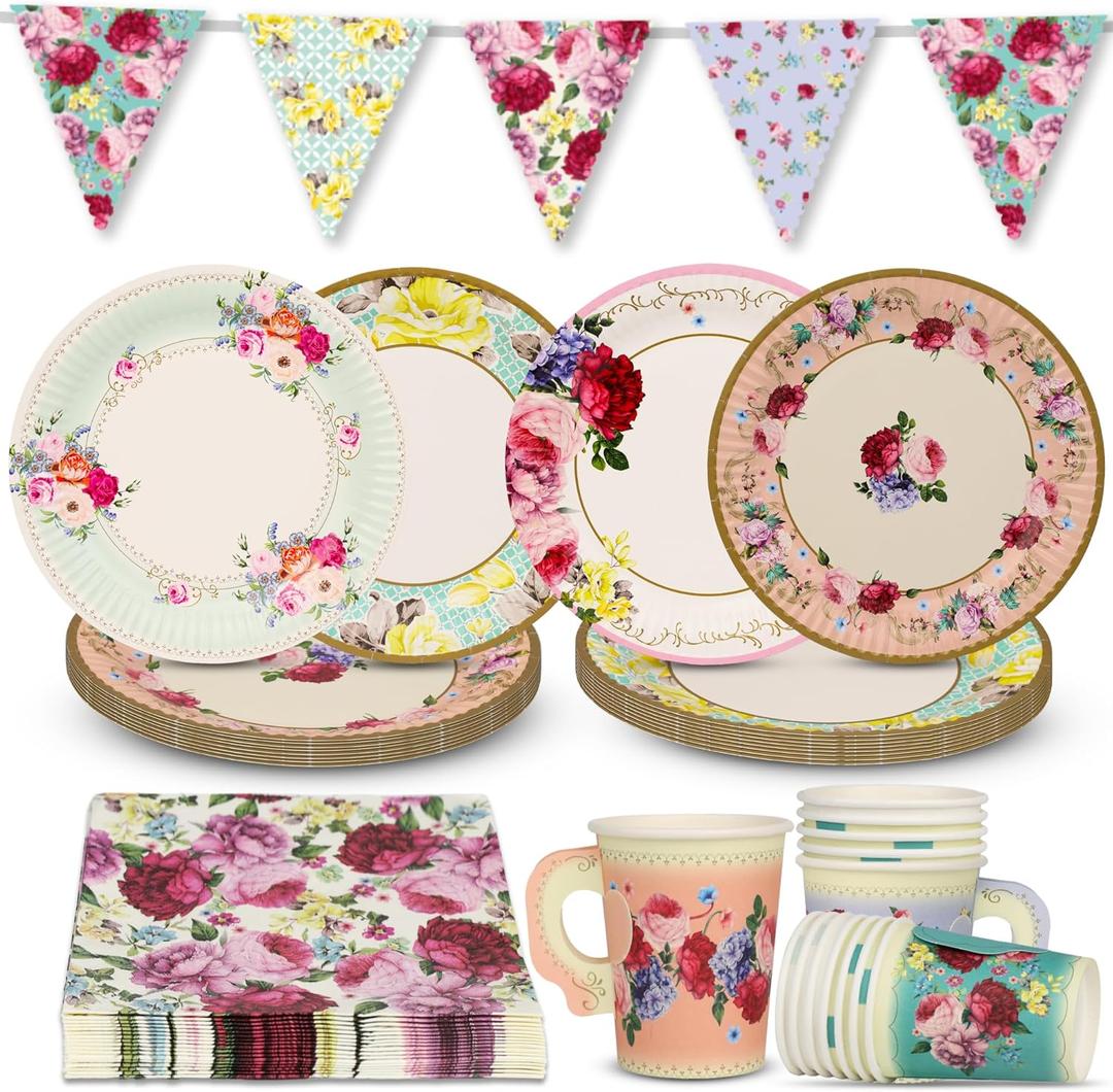 Talking Tables Floral Afternoon Tea Party Decorations for 16 Guests Disposable Tableware Set Pretty Paper Plates Napkins Teacups Bunting Tablecloth for Birthday Mother's Day Baby Shower