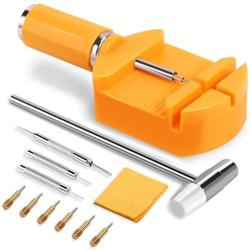 HECHIO 12 Pieces Watch Link Removal Kit，Professional Watch Band Replacement Tool，10 Pcs Spare Spring Bars and 10 Pcs Cotter Pins, 1 Double Head Hammer, 6 Spare Pins