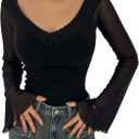 SOLY HUX Women's Off The Shoulder T Shirt Mesh Bell Long Sleeve Slim Fitted Tee Going Out Tops (L)