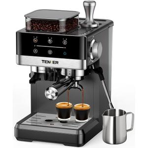 TENKER Espresso Machine with Grinder, 20 Bar Coffee Machine with Milk Frother for Home, All-in-One Stainless Steel Coffee Maker to Make Latte, Cappuccino, Hot or Cold Brew Iced Coffee (Black)