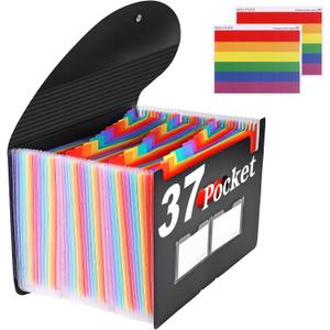37-Pocket Expanding File Folder with Labels, A4/Letter Size Accordion Document Organizer, Portable Black Folder for Office, Travel, Business, School & Home