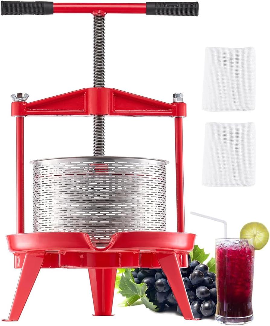 VEVOR 2.38 Gal/9L Fruit Wine Press, Stainless Steel Basket with Cross-beam and Triangular Structure, Manual Juice Maker, Cider Apple Grape Tincture Making Press with T-Handle for Kitchen Home