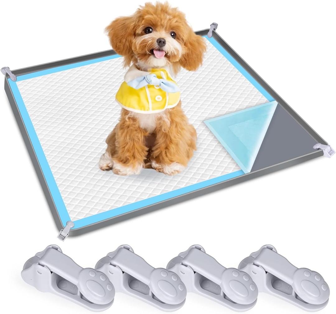Dog Pee Pad Holder, Dog Potty Tray Silicone Puppy Pad Holder Tray Fits for 24" x 24" Training Pads, Puppy Potty Tray With 4 Clamps No Spill Raised Lip High Edge for Indoor Floor Protection (Dark Grey)