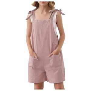 Girls Romper Sleeveless Adjustable Tie-Up Strap Short Jumpsuits Summer Clothes with Pocket, Large