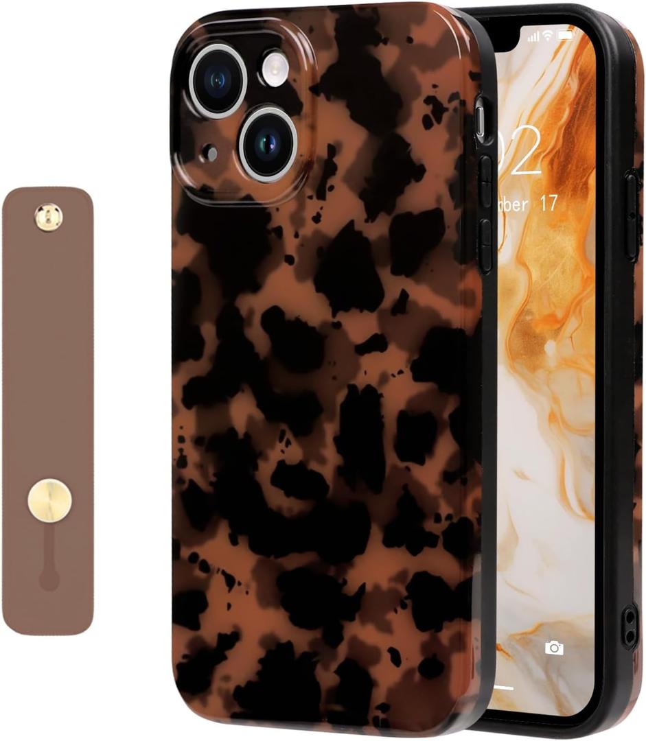 NITITOP Compatible with iPhone 15 Case Cute Leopard Tortoise Wrist - Black | Strap design, Aesthetic amber, For girls women men, Girly, Soft TPU, Full camera lens, Protective, Shockproof phone cover