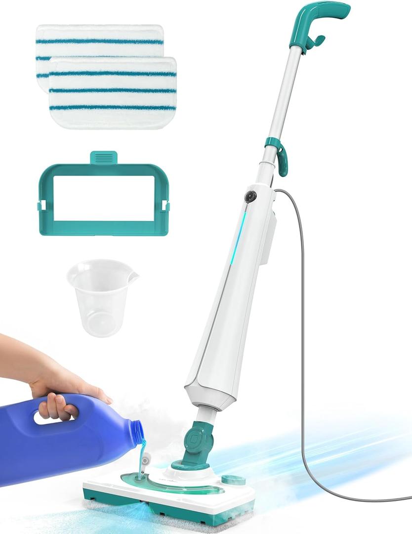 Professional Steam Mop Cleaner, 1300W Floor Steamer with Detergent Chamber, 25S Heat Up, Lightweight Steamer for Cleaning with 2 Washable Pads, Safe for Tiles, Upholstery, Carpet, Hardwood, Teal
