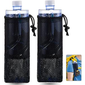 Riakrum 2 Pcs Water Bottle Holder for Backpack Foldable Mesh Water and Snack Holder Adjustable Pouch Tactical Attachments Bottle Carrier for Hiking Bicycle(Black)