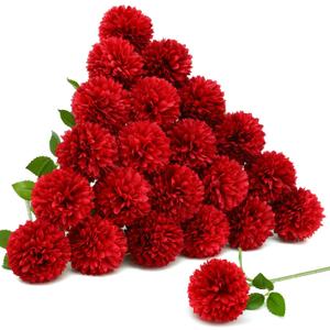Floweroyal 24pcs Artificial Chrysanthemum Ball Flower, Fake Mums Silk Hydrangea Bridal Wedding Bouquet for Home Garden Party Office Coffee House Decoration (Red)