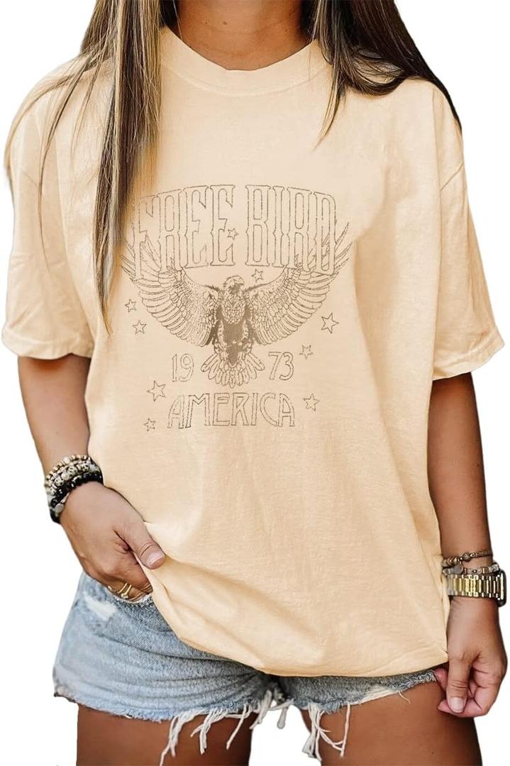 Vintage Rock Band Tshirts Women Retro Free Bird Western Graphic Tees Country Music Shirts Casual Short Sleeve Tops (Medium, Apricot-104)