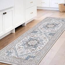 Soft Entryway Rug 2x6, 2x6 Rug Runner, Neutral Washable Hallways Carpet 2 x 6 with Non Slip Backing, Low-Pile Bedside Carpet 2 x 6, Long, Faux Cashmere, Cream White & Blue