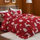 Bedsure Fluffy Christmas Comforter Set Queen - Red Bedding with Running Reindeer, Warm Flannel Fleece Bed Sets for Winter, 3 Pieces, 1 Soft Plush Shaggy Comforter with 2 Pillowcases