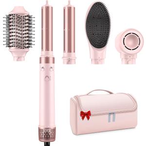 Dual Voltage 5 in 1 Hair Dryer Brush - Hot Air Wrap Styler with High-Speed Blow Dryer, Volumizing, Straightening & Drying with Negative Ion Anti-frizz for 110V-120V/220V-240V Europe and Travel Case (Pink)