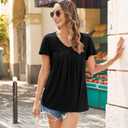 HOTOUCH Womens Short Sleeve Tunic Tops V Neck Loose Fit Ruffle Sleeve Shirts Summer Floral Dressy Casual Boho Blouses (Black, S)