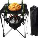 OVENTE Collapsible Folding Camping Table with Insulated Cooler, 4 Cup Holders, Food Basket and Travel Bag, Portable Tailgating Table for Fishing, Outdoor Barbecue or Beach Parties, Black POTC0014B, 22 inches x 22 inches x 25 inches