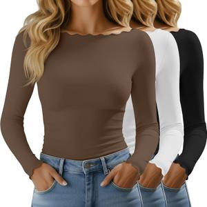 Huukeay 3 Pack Women's Long Sleeve Tops Lettuce Trim Boat Neck Shirts Slim Fit Casual Basic Fitted Tees (White, L)