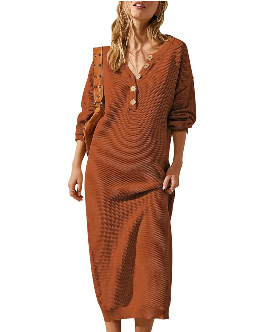 Cutiefox Women's Fall Winter Sweater Long Dress Button V Neck Batwing Long Sleeve Oversized Waffle Knit Dresses, Size XL