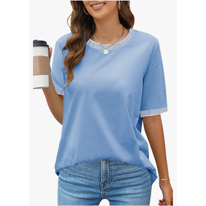 Women's 2025 Short Sleeve Striped Color Block T Shirts Crewneck Loose Casual Tee Tops, L