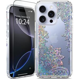 Coolwee for iPhone 16 Pro Max Case Glitter, with Screen Protector, Cute for Women Girls, 10ft Military Grade Protective Cover for iPhone 16 ProMax Bumper Crystal Lace Bling Mandala, Clear Floral