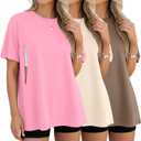 3 Pack Women's Oversize Nursing Breastfeeding Shirts Hidden Zipper Short Sleeve Loose Fit Maternity Tops (Large, Pink, Cream, Light Brown)
